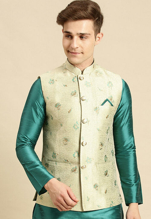 Green Readymade Embroidered Silk Nehru Jacket Latest 668MW01
