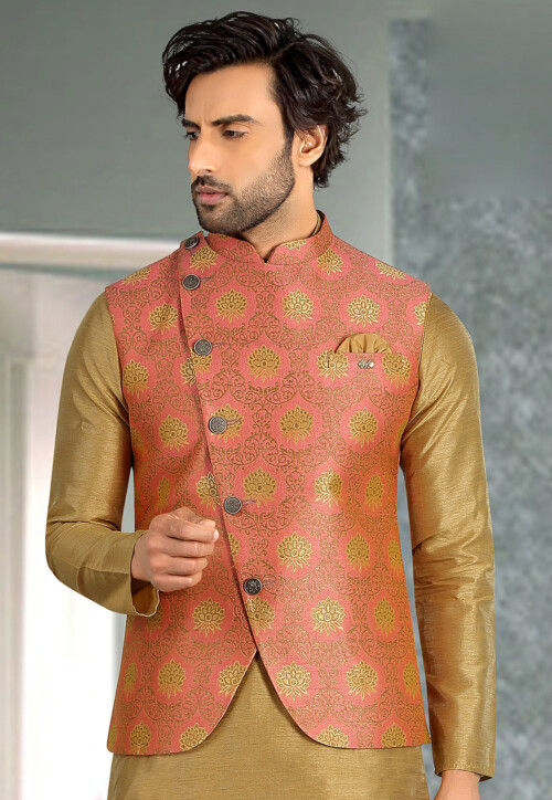 Woven Art Silk Jacquard Nehru Jacket in Peach