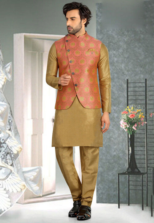 Woven Art Silk Jacquard Nehru Jacket in Peach