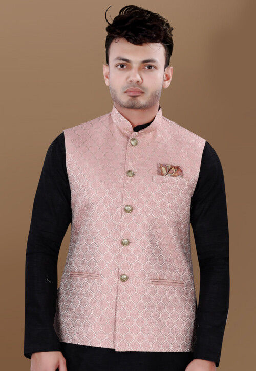 Woven Art Silk Jacquard Nehru Jacket in Pink