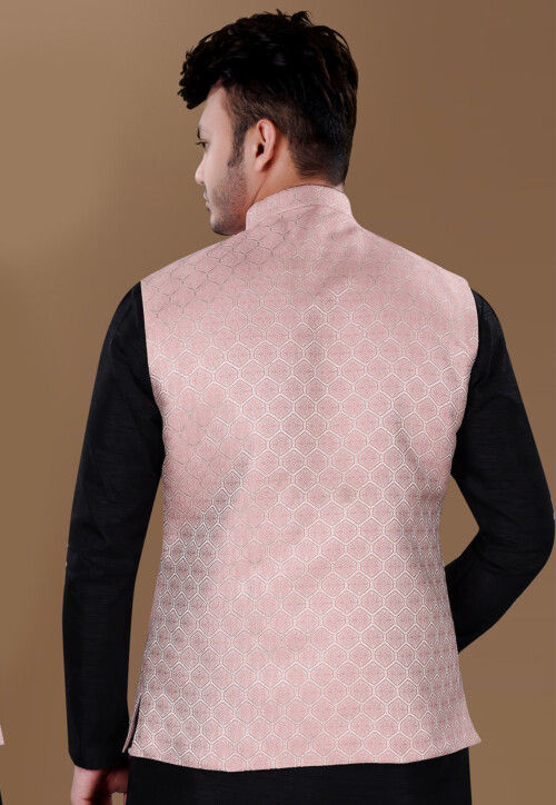 Woven Art Silk Jacquard Nehru Jacket in Pink