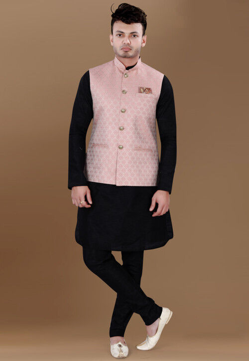 Woven Art Silk Jacquard Nehru Jacket in Pink