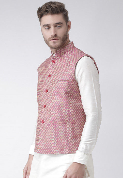 Woven Art Silk Jacquard Nehru Jacket in Pink : MHT237