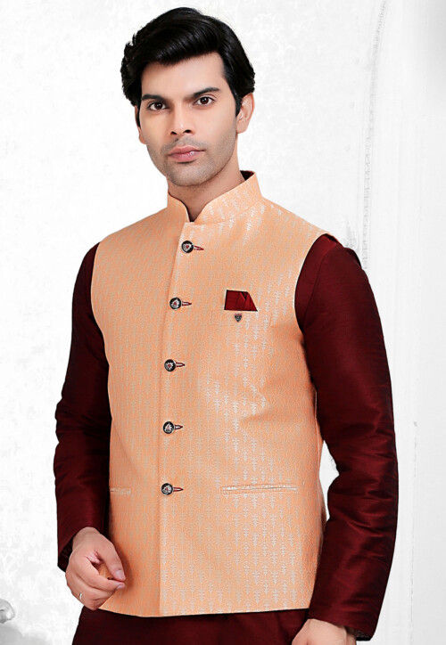 Woven Art Silk Jacquard Nehru Jacket in Pink