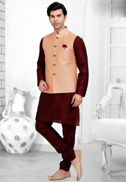 Woven Art Silk Jacquard Nehru Jacket in Pink
