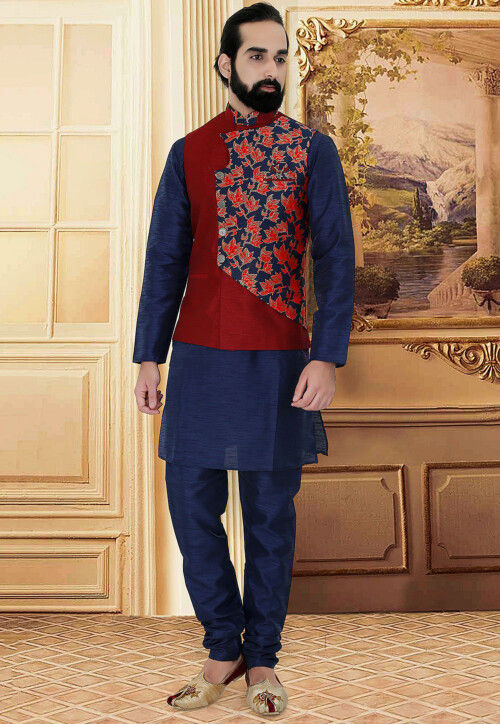 Woven Art Silk Jacquard Nehru Jacket in Red and Navy Blue