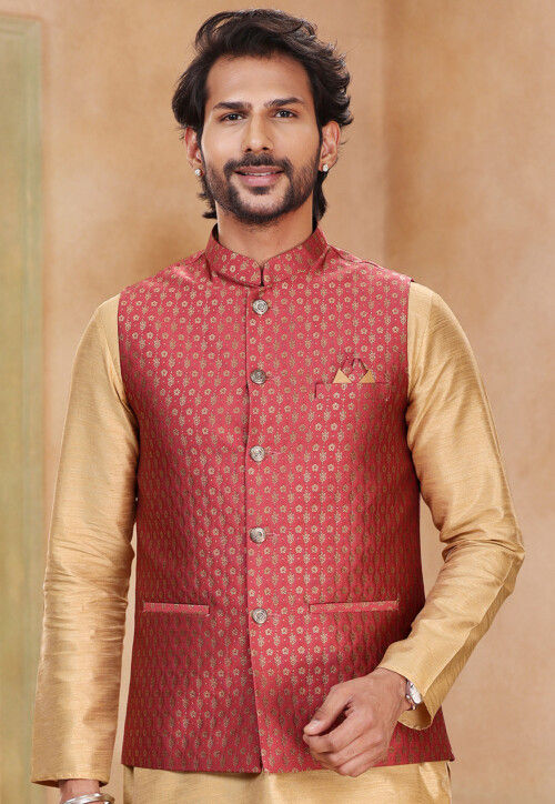 Buy Designer Red Color Kurta Pant Nehru Jacket Online - BluesnGreys