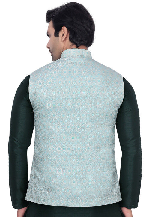 Woven Art Silk Jacquard Nehru Jacket in Sky Blue