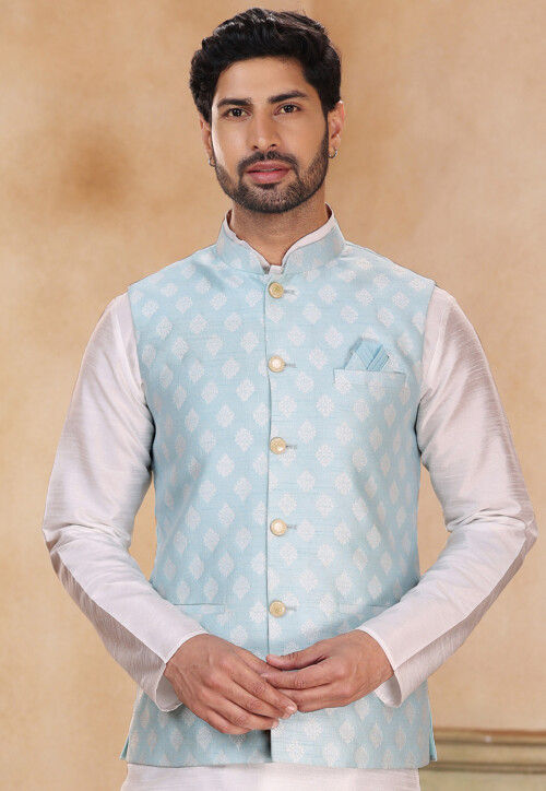 Wintage Men's Poly Cotton Festive and Casual Nehru Jacket Vest Waistcoat :  Blue