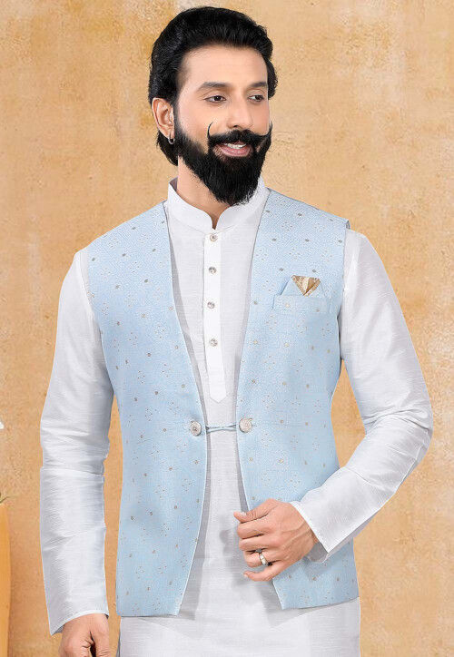 Men's Dhupion Multi Colour and Sky blue Nehru Jacket 67657 -