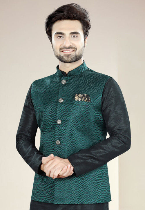 Woven Art Silk Jacquard Nehru Jacket in Teal Green MHG2880