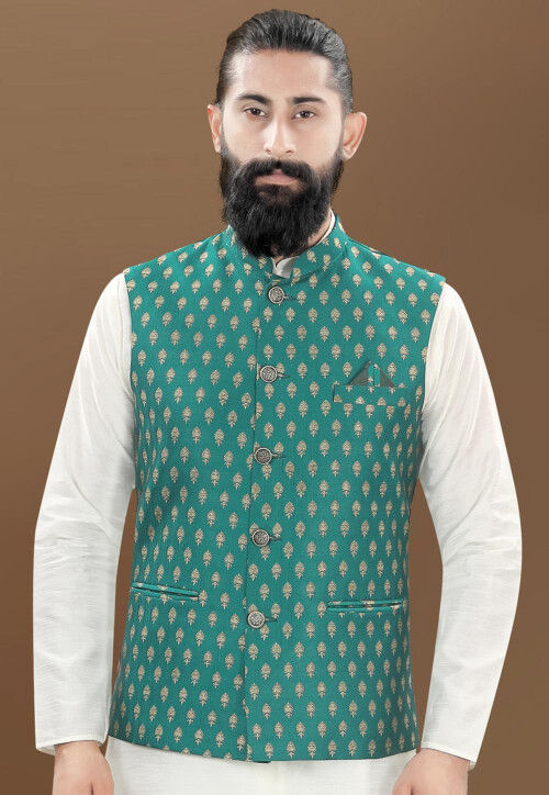 Woven Art Silk Jacquard Nehru Jacket in Teal Green