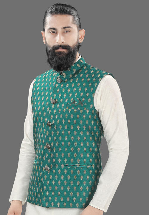 Woven Art Silk Jacquard Nehru Jacket in Teal Green