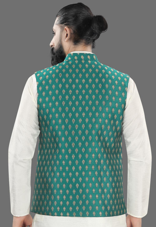 Woven Art Silk Jacquard Nehru Jacket in Teal Green