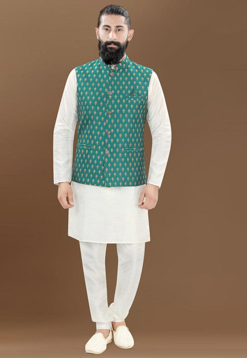Woven Art Silk Jacquard Nehru Jacket in Teal Green