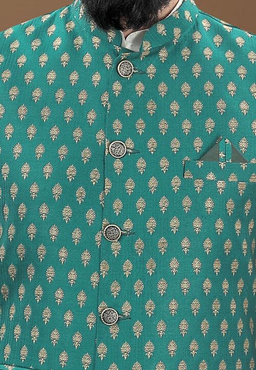Woven Art Silk Jacquard Nehru Jacket in Teal Green