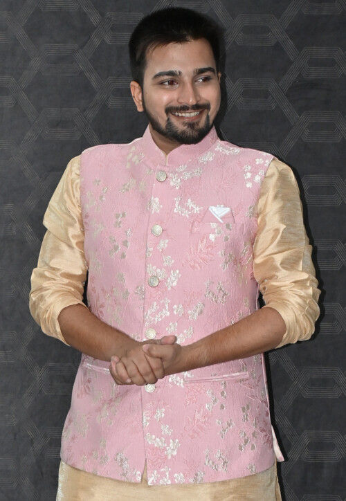 Buy Woven Art Silk Jacquard Nehru Jacket in Pink Online MUY1622