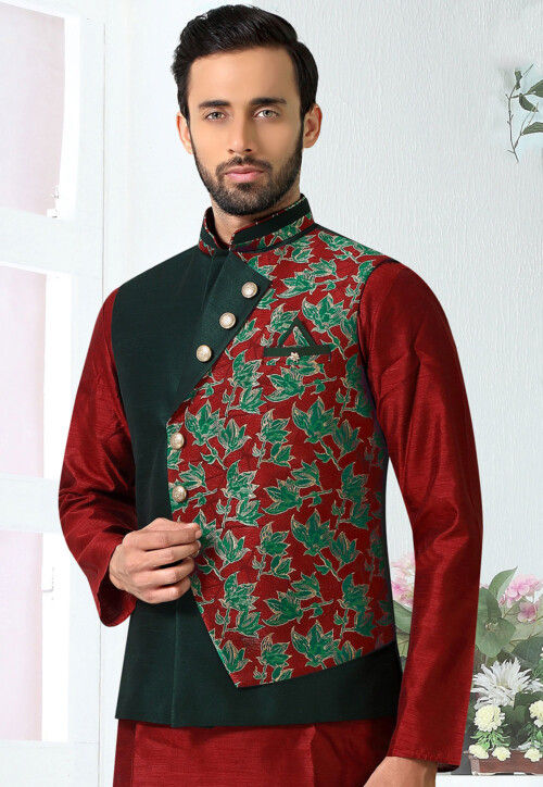 Woven Art Silk Jacquard Overlapping Nehru Jacket in Green and Maroon