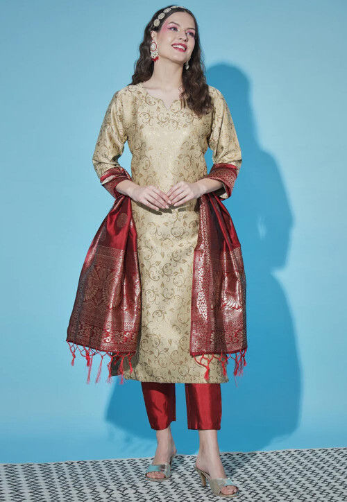 Woven Art Silk Jacquard Pakistani Suit in Beige