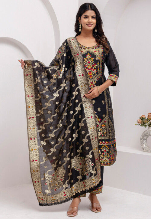 Woven Art Silk Jacquard Pakistani Suit in Black