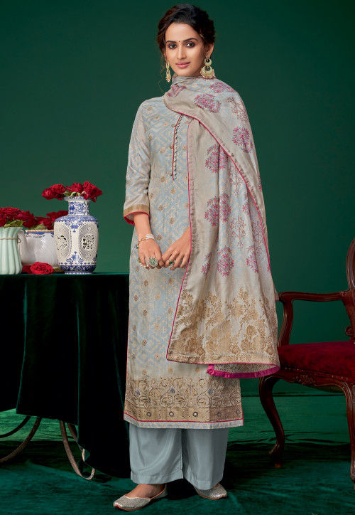 Buy Woven Art Silk Jacquard Pakistani Suit in Dusty Blue Online ...