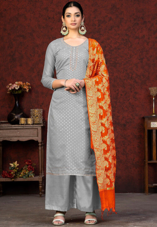 Woven Art Silk Jacquard Pakistani Suit in Grey