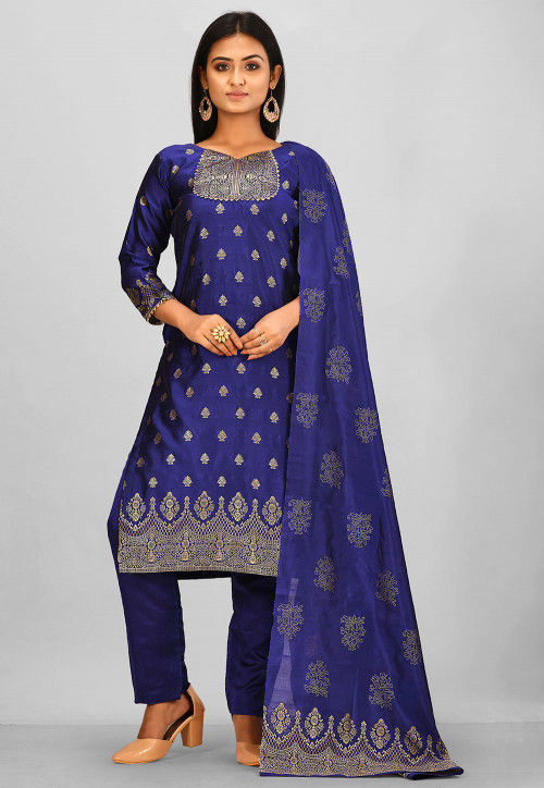 Woven Art Silk Jacquard Pakistani Suit in Indigo Blue