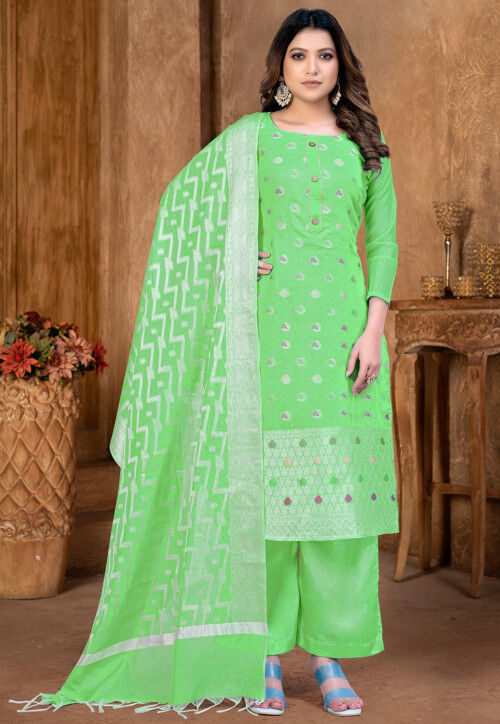 Woven Art Silk Jacquard Pakistani Suit in Light Green