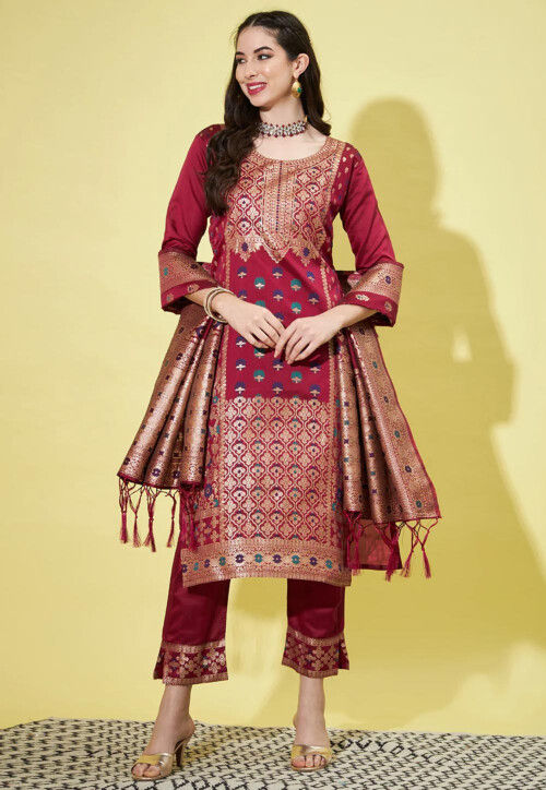 Woven Art Silk Jacquard Pakistani Suit in Maroon