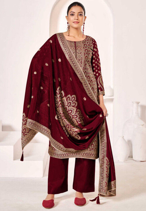 Woven Art Silk Jacquard Pakistani Suit in Maroon