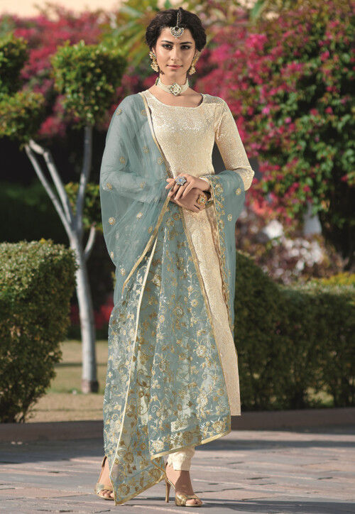 Woven Art Silk Jacquard Pakistani Suit in Off White : KUF15517
