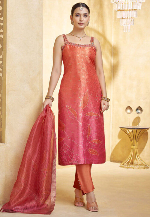 Woven Art Silk Jacquard Pakistani Suit in Orange and Fuchsia Shaded