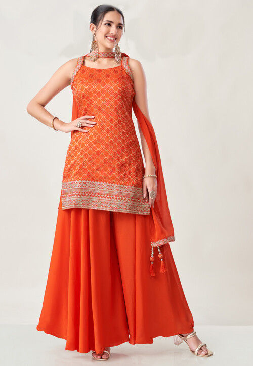 Woven Art Silk Jacquard Pakistani Suit in Orange