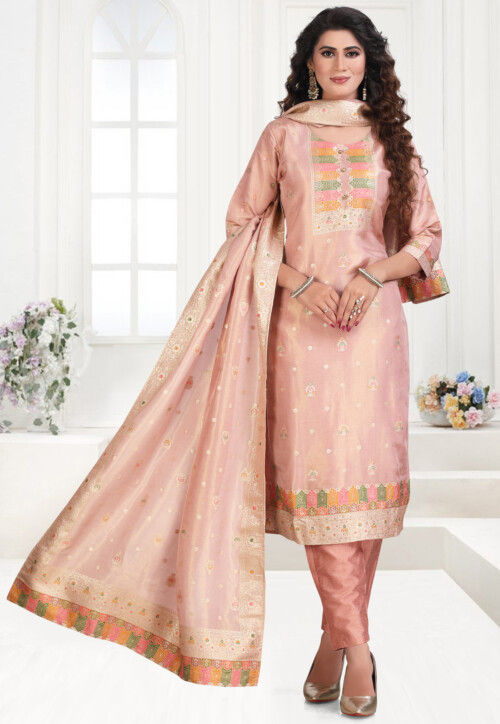 Woven Art Silk Jacquard Pakistani Suit in Peach