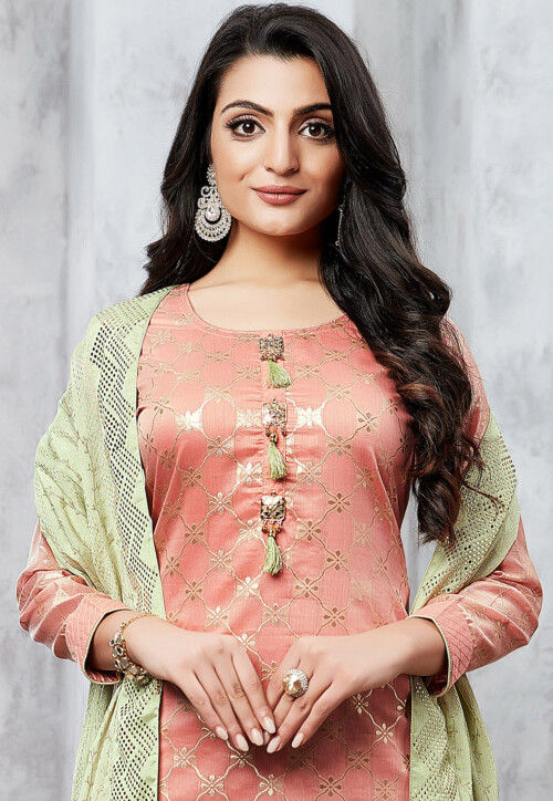 Woven Art Silk Jacquard Pakistani Suit in Peach