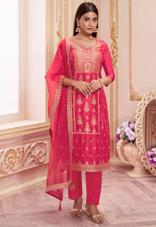 Woven Art Silk Jacquard Pakistani Suit in Pink