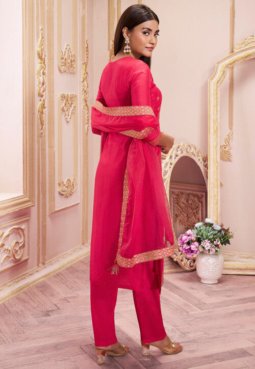 Woven Art Silk Jacquard Pakistani Suit in Pink
