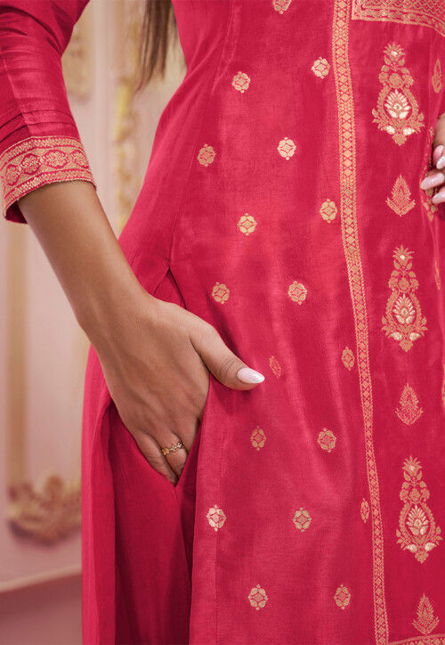 Woven Art Silk Jacquard Pakistani Suit in Pink