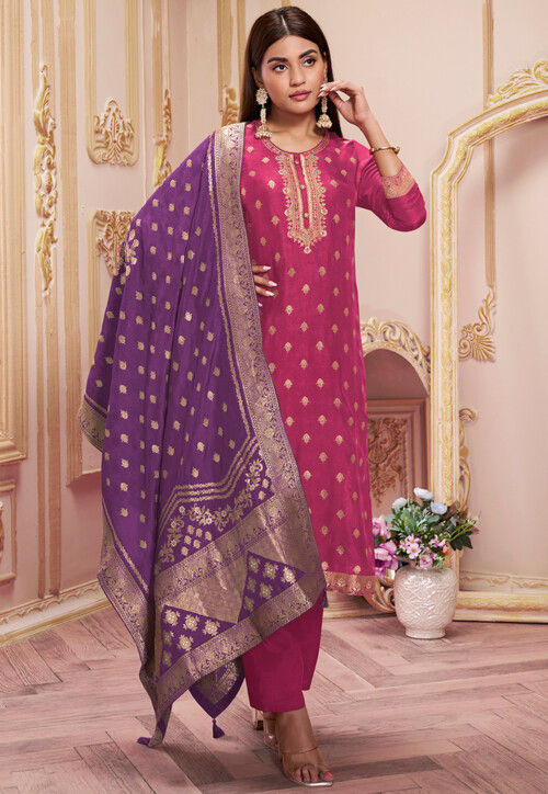Woven Art Silk Jacquard Pakistani Suit in Pink
