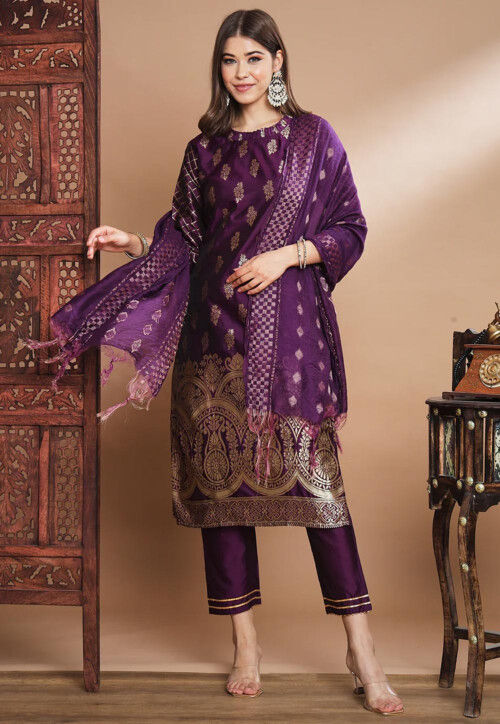 Woven Art Silk Jacquard Pakistani Suit in Purple