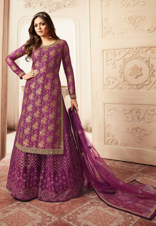 Woven Art Silk Jacquard Pakistani Suit in Purple : KCH4980