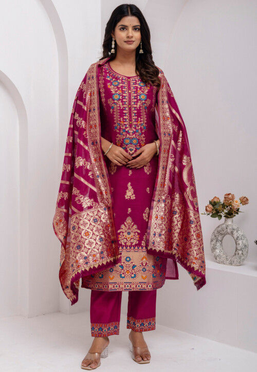 Woven Art Silk Jacquard Pakistani Suit in Purple
