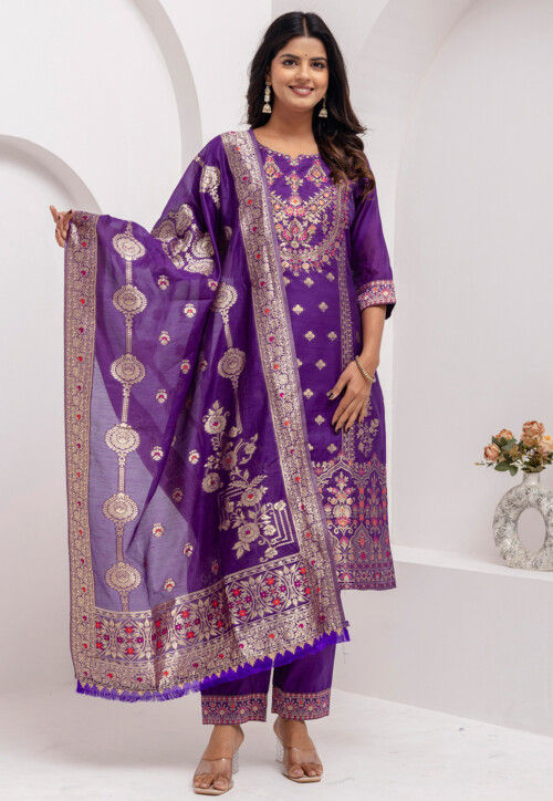 Woven Art Silk Jacquard Pakistani Suit in Purple