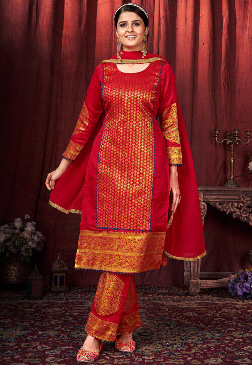 Woven Art Silk Jacquard Pakistani Suit in Red