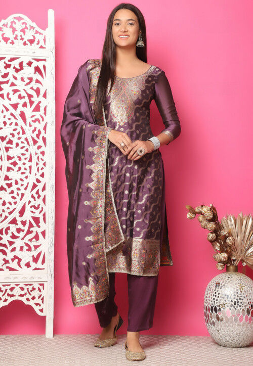 Woven Art Silk Jacquard Pakistani Suit in Wine