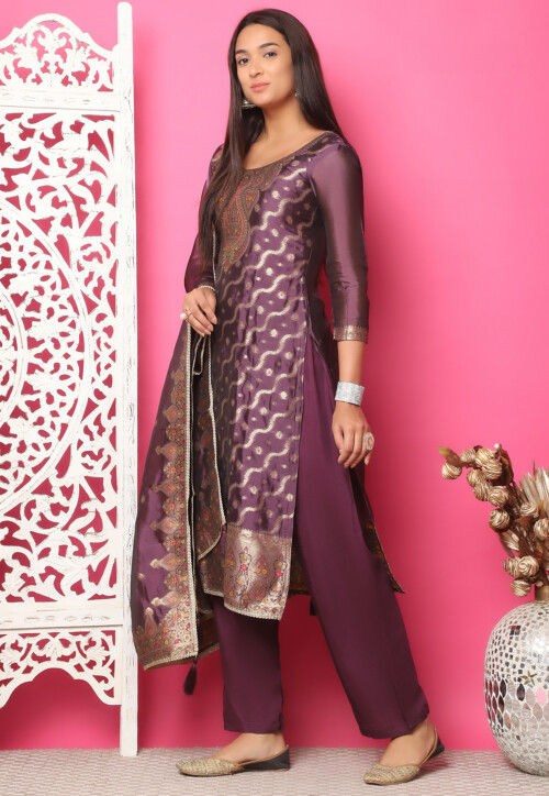 Woven Art Silk Jacquard Pakistani Suit in Wine