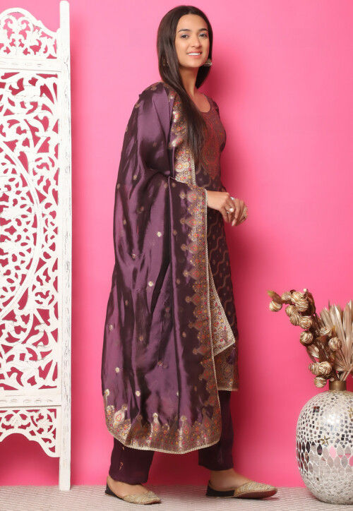 Woven Art Silk Jacquard Pakistani Suit in Wine