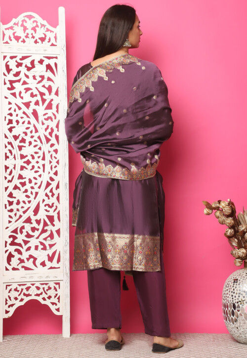 Woven Art Silk Jacquard Pakistani Suit in Wine