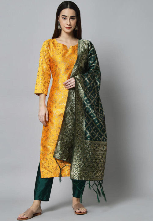 Woven Art Silk Jacquard Pakistani Suit in Yellow