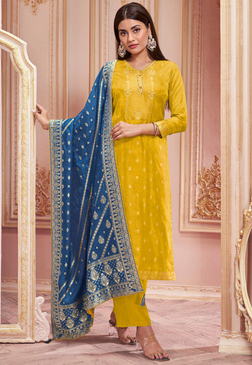 Woven Art Silk Jacquard Pakistani Suit in Yellow